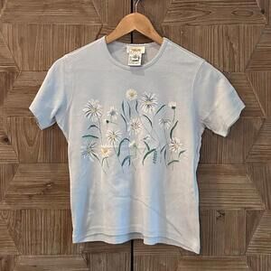 Talbots Women's Light Blue Cotton Short Sleeve Shirt Size S Floral Design